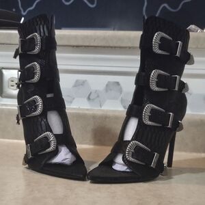 Chic Black Buckle Strap Heeled Boots
